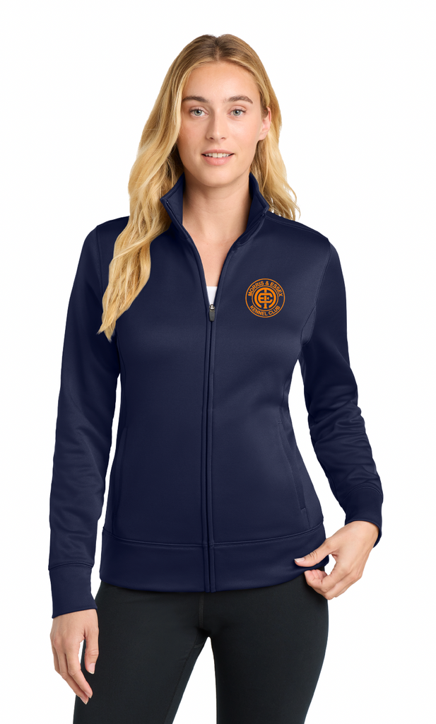 Navy Women's Eddie Bauer Base Fleece with red Morris & Essex logo