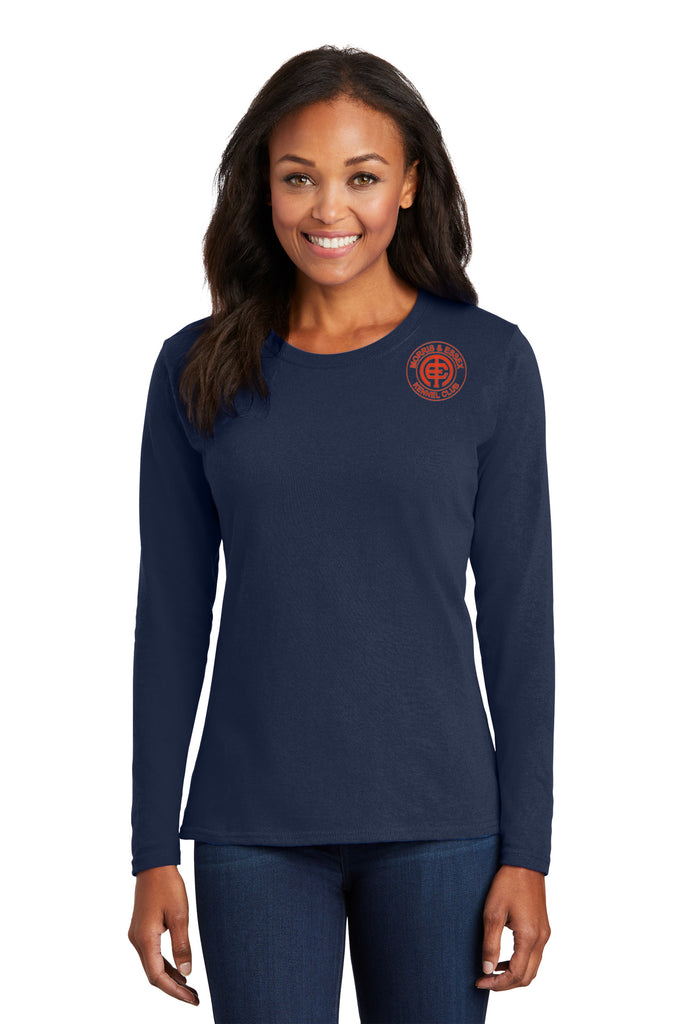 Navy Women's Long-Sleeve T-Shirt with red Morris & Essex logo